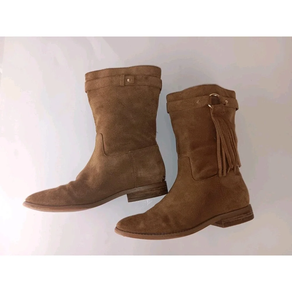 Michael Kors Rhea  Brown Suede Mid Calf Fringe Boots Shoes Tassel 8M